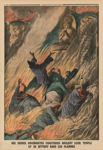 Monjes budistas fanáticos incendian su templo y se lanzan a las llamas, Isla de Formosa, ilustración de la contraportada de 